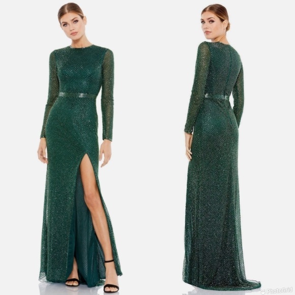 Mac Duggal Long Sleeve Beaded High Slit Gown - Picture 1 of 10